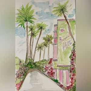 Original painted watercolor beverly hills hotel